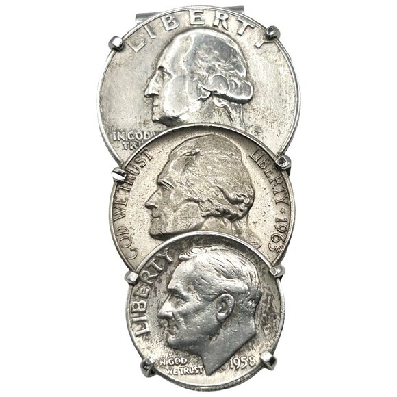 Vintage Swank Coin Money Clip Silver Quarter, '53 Dime, '63 Jefferson Nickle - Picture 1 of 4
